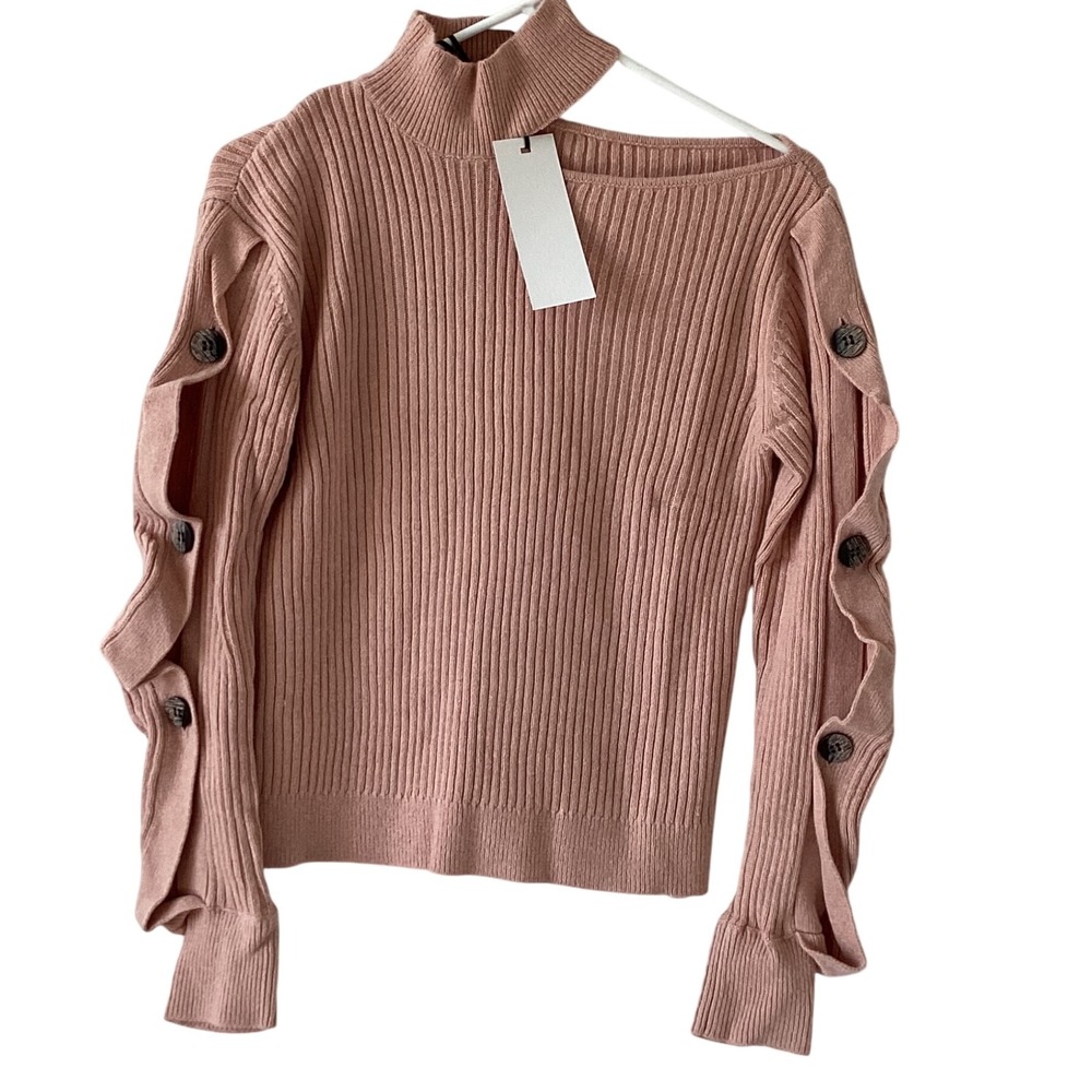 N12H Ribbed Mock Neck Button Long Sleeve  Top XS Pink Knit Merino Wool‎ Blend